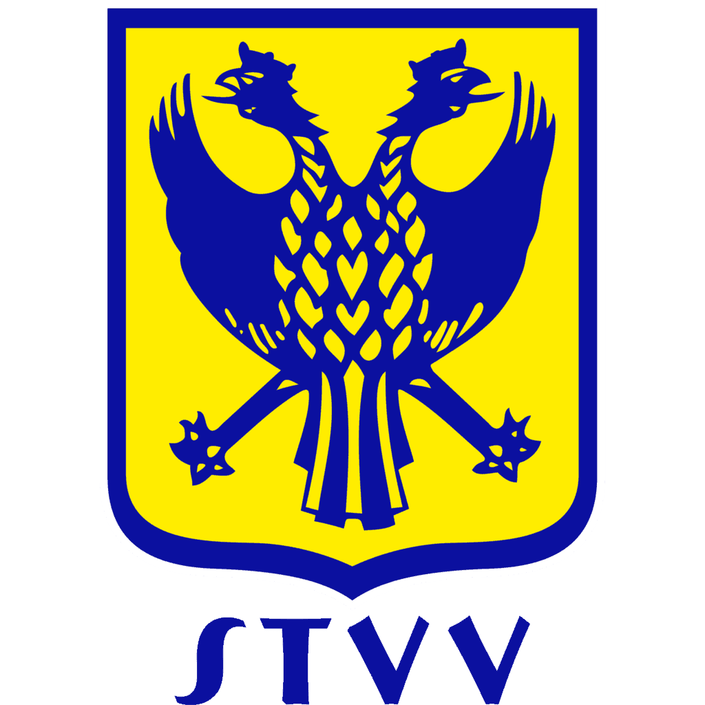 Embleem met een dubbelkoppige adelaar in blauw op een geel schild, met daaronder de initialen 'stvv', geoptimaliseerd voor SEO-voettekstontwerp.