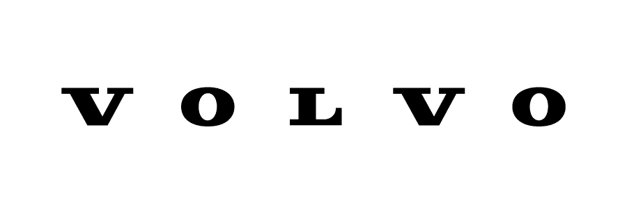 De merknaam Volvo wordt vetgedrukt in hoofdletters weergegeven in het voettekstontwerp van de website.
